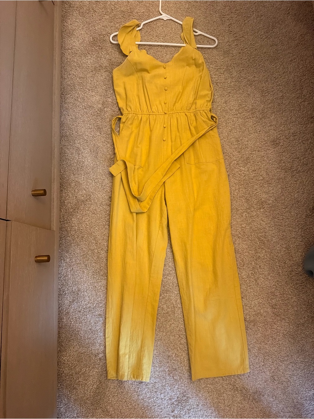 Lumiere Mustard Yellow Tie-Waist Jumpsuit with Button Front